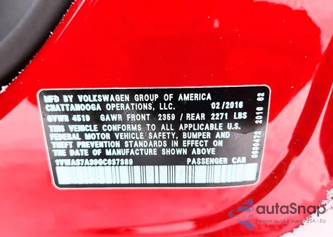 2016 Volkswagen Passat S z USA, uszkodzony, nr VIN 1VWAS7A39GC037389